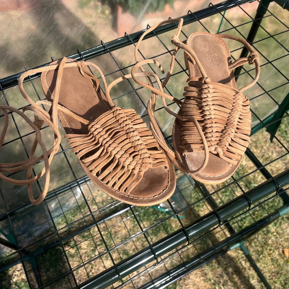 Tan Woven Leather Sandals with Open Toe